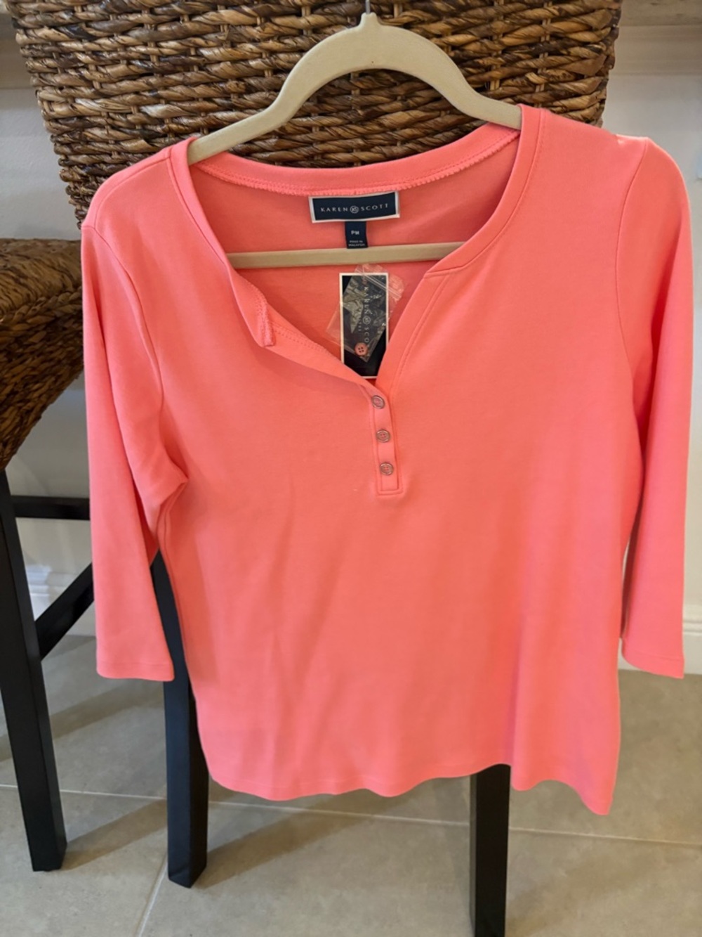 New Karen Scott petites henley 3/4 sleeve pink top size Pet Med